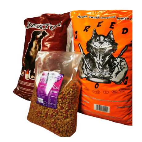 SET: mancare decaini Greedy si Hector (10 kg per sac) si mancare de pisici Finci, 3 kg