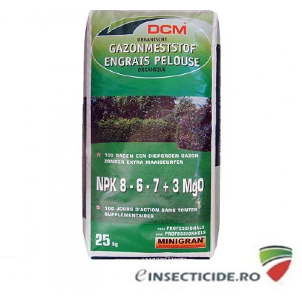 Fertilizant cu materii organice pentru peluza: NPK 8-6-7+3 MgO DCM (25 Kg) 